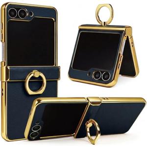 Genuine Leather Case for Samsung Galaxy Z Flip, Military-Grade Drop Protection, Hinge Protection Cover with Ring Kickstand, Gold Trim (Navy, Z Flip6)