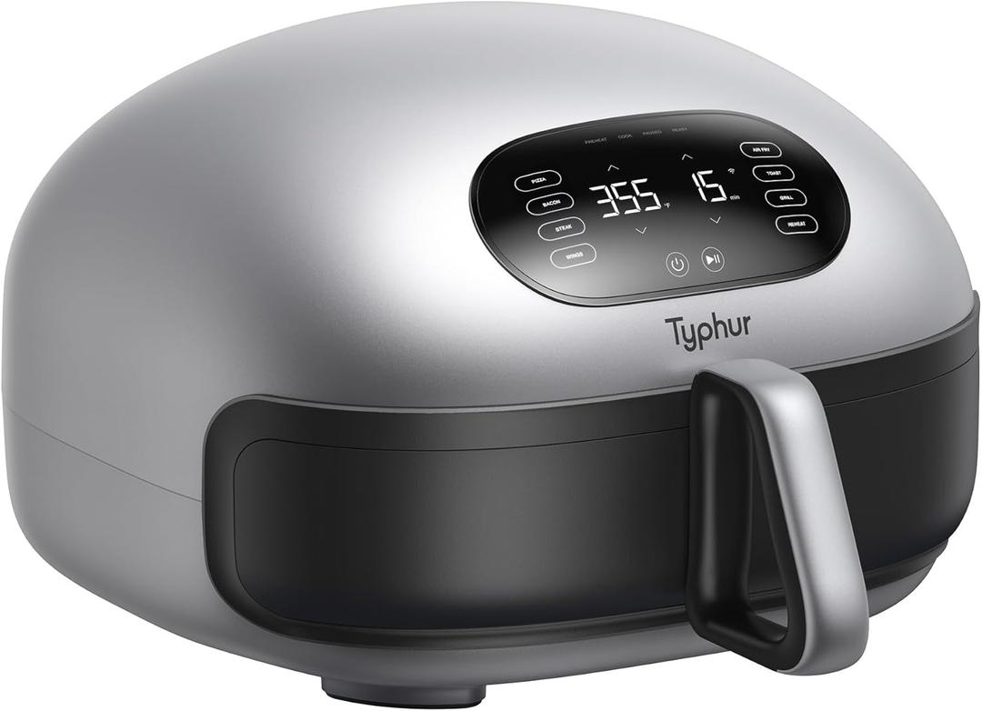 Typhur Dome 2 AI Smart Air Fryer, Large Flat Airfryer with Top & Bottom Heating, Self-cleaning Digital Fryer, PFAS free Ceramic Basket, Fits a 12" Pizza or Steaks, Whisper-Quiet, 120V (Silver)