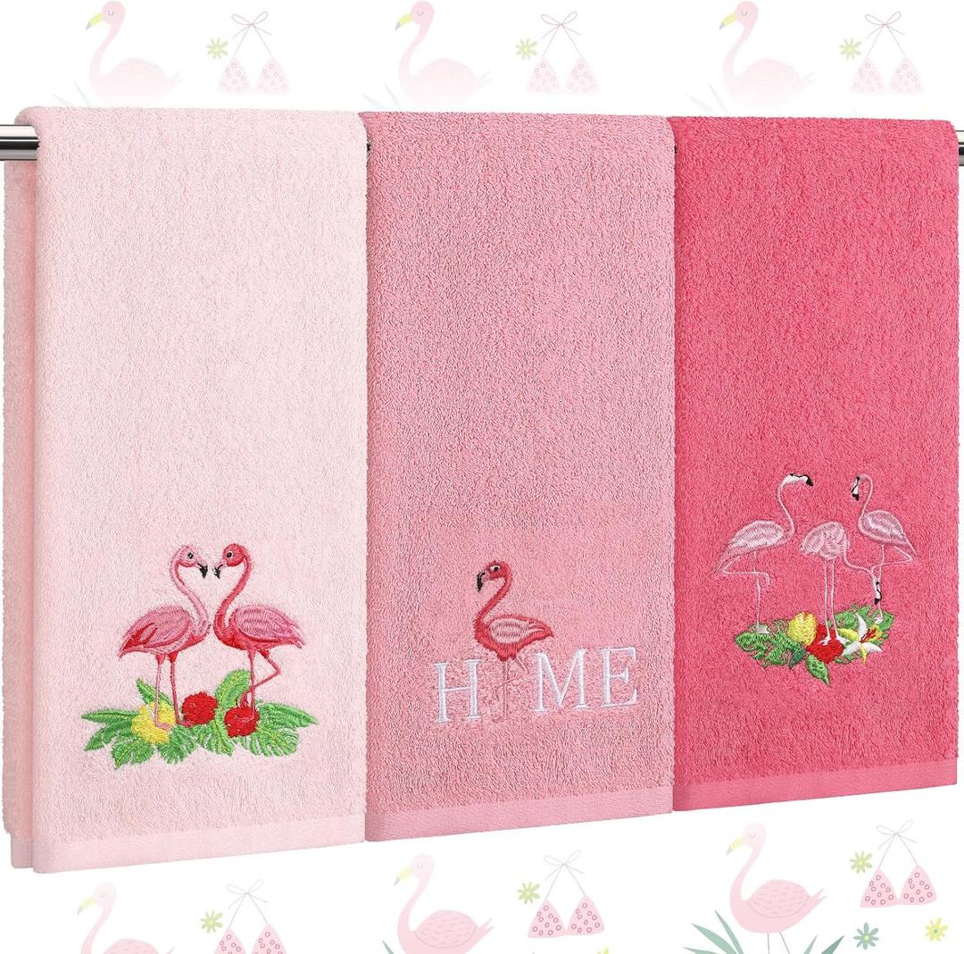 FuWeave 3 Pcs Pink Flamingo Summer Hand Towels for Bathroom 100% Cotton 29.5 x 13.8'' Embroidered Decorative Absorbent Soft Bath Hand Towels for Bathroom Kitchen Gift Decor