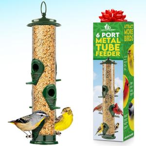 Bird Feeders for Outdoors (Green) Squirrel Proof Hanging Bird Feeder with Locking Lid & Adjustable Hanger, Chew-Proof, Weather Resistant 15 Inches 6 Port