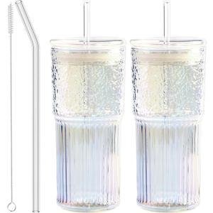 Glass Cups with Lids and Straws, 20 OZ Multi Iced Coffee Glasses Tumblers for Ice Water, Juice, Tea, Milk, Smoothie and Cold or Hot Drinks, Set of 2