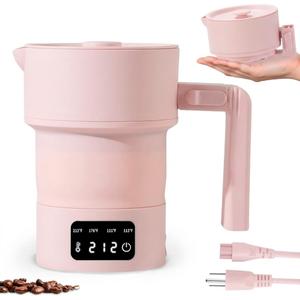 UPEZAN Travel Electric Kettle-Collapsible Portable Electric Kettle, 600W Foldable Small Water Boiler with 4-Temp Presets, Food Grade Silicone for Hotel, Office, Camping (Pink, 600mL)
