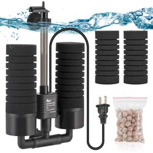 AQQA Aquarium Electric Power Sponge Filter,3W/5W Silence Submersible Foam Filter,Sponges Bio Ceramic Media Balls Double Filter for Saltwater Freshwater Fish Tank (M)