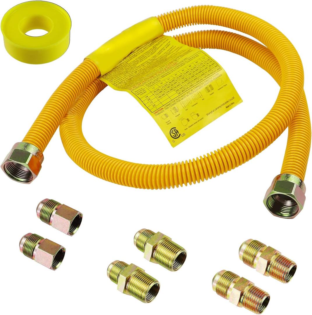 60" Flexible Gas Line Kit for Dryer, Stove, Range, Stainless Steel Gas Dryer Connector Kit, 5/8 in.OD(1/2 in. IDDryer Gas Line with Connector 1/2" FIP & 1/2" MIP & 3/4" MIP Fitting
