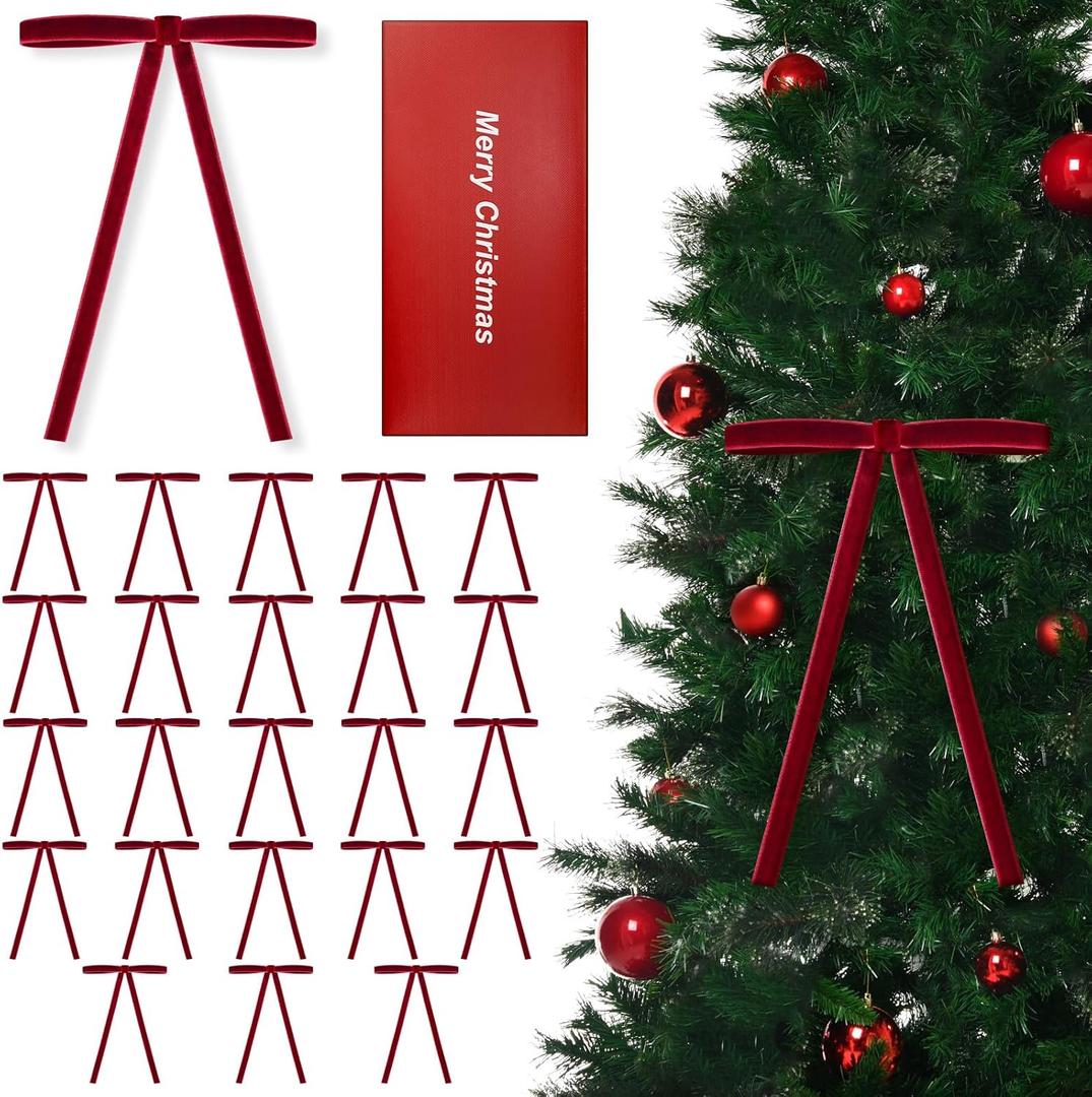 24 PCS Velvet Christmas Tree Bows Christmas Wreath Bows, Rustic Crafts Gift Bows for Christmas Tree Indoor Outdoor Decoration(3/8'' Wide, 5 * 7 inch) (Burgundy)