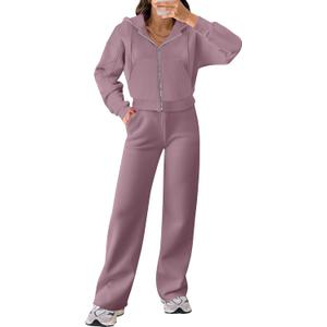 ANRABESS Women 2 Piece Outfits Sweatsuit Zip Up Crop Hoodies SweatPants Lounge Matching Sweat Set 2024 Winter Trendy Clothes (X-Large, Light Purple)