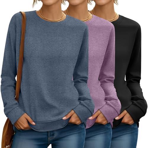 Riyiper 3 Pack Women's Long Sleeve Sweatshirts, Crew Neck Pullover Shirts Loose Casual Lightweight Fall Tops 2025 Trendy