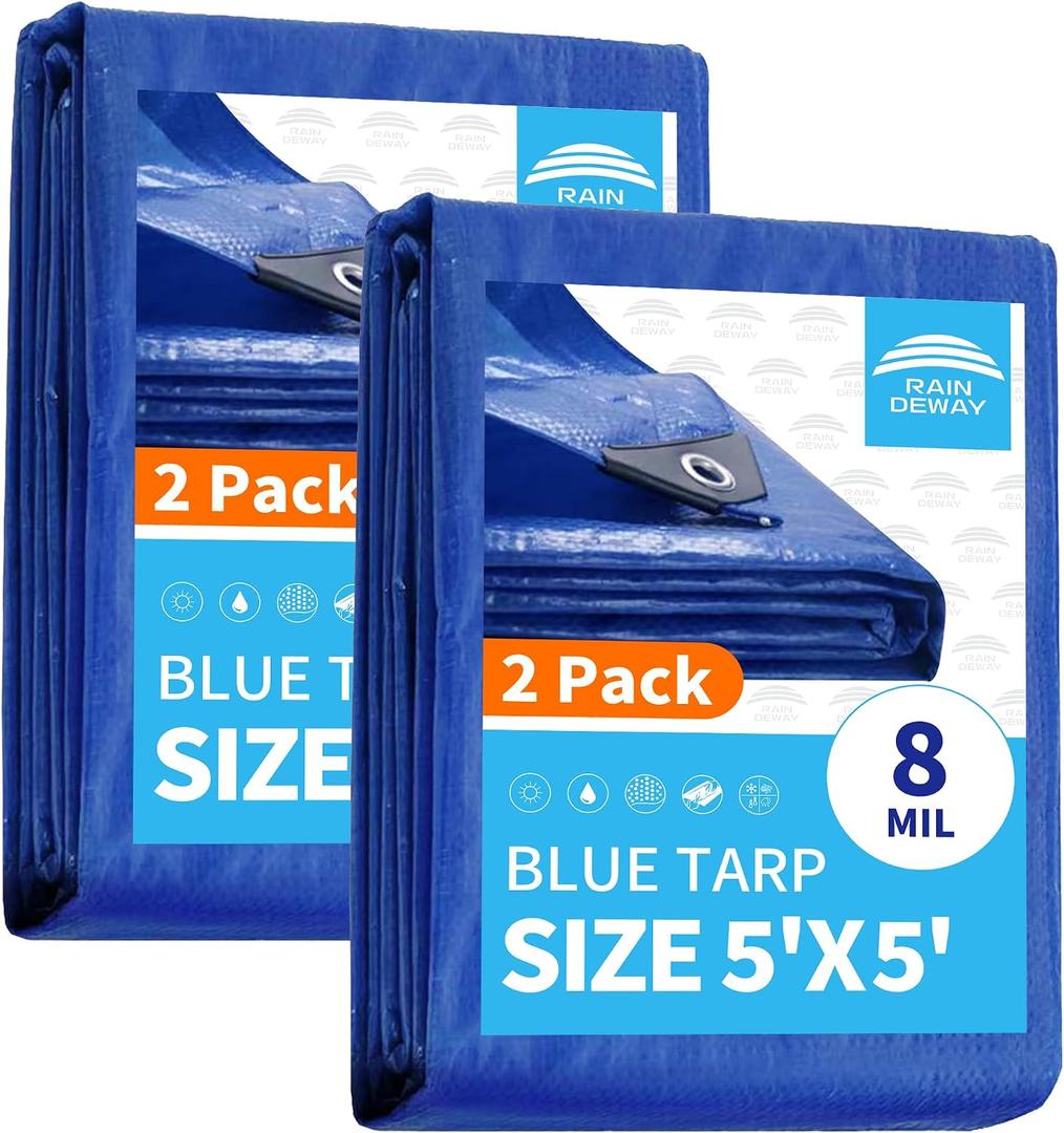 RAINDEWAY Small Tarps 5x5 Feet (2 Pack) 8 Mil, UV Resistant, Durable, Multipurpose Waterproof Poly Tarp Cover with Metal Grommets and Reinforced Edges,Blue Tarp