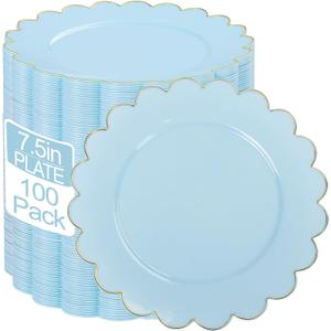 LIYH 100 Pcs Blue Plastic Plates - 7.5 Inch Scalloped Edges Disposable Dessert/Salad Plate- Blue with Gold Rim Premium Hard Appetizer Cake Plastic Plates for Party, Weddings, Bridal Shower