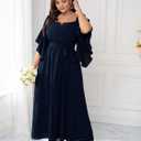 SCOMCHIC Women Plus Size Wedding Guest Maxi Dress Square Neck Ruffle 3/4 Sleeve Belted Slit A Line Formal Long Dresses (Blue, XXL)