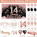 14th Birthday Decorations for Girls, 49pcs Black Rose Gold Black Banner, Tablecloth, Butterfly Decor, 14th Birthday Sash and Tiara, Cake Topper, Candles, Balloons Arch