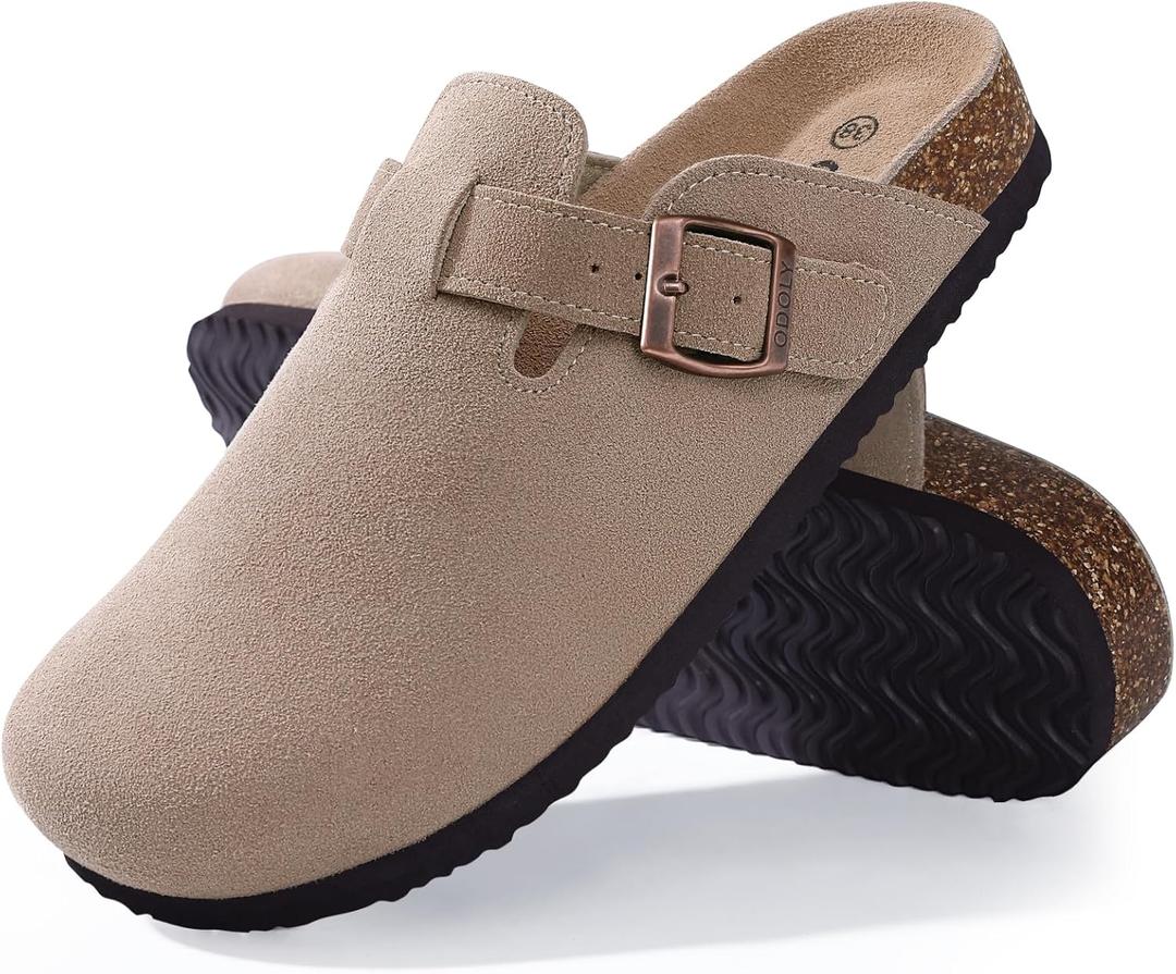 Women's Suede Clogs Soft Cork Footbed Leather Mules Comfort Potato Shoes with Arch Support (7-7.5, Taupe)
