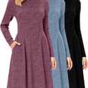 Oakgarden 3 Pack Women's Turtleneck Long Sleeve Dresses, Ribbed Knit Casual Fall Winter Sweater Dresses with Pockets(Blue, Fuchsia, Black, Small)