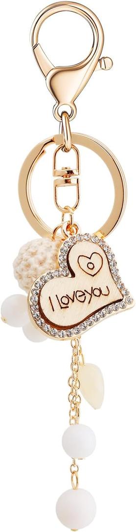 cuwuu's Heart Charm Keychain with Rhinestones, I Love You Design, Rose Gold with Pom Pom Decorations