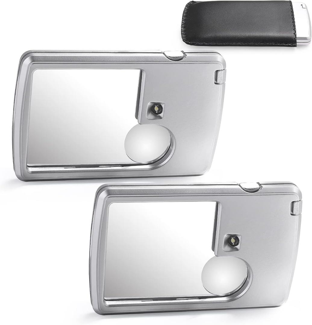 2 Pieces 3X 6X Pocket Magnifying Glass with Light, Card Type Magnifying Portable Glasses Lighted Magnifier for Reading Jewelry Menu Travel Contracts Home (Sliver)
