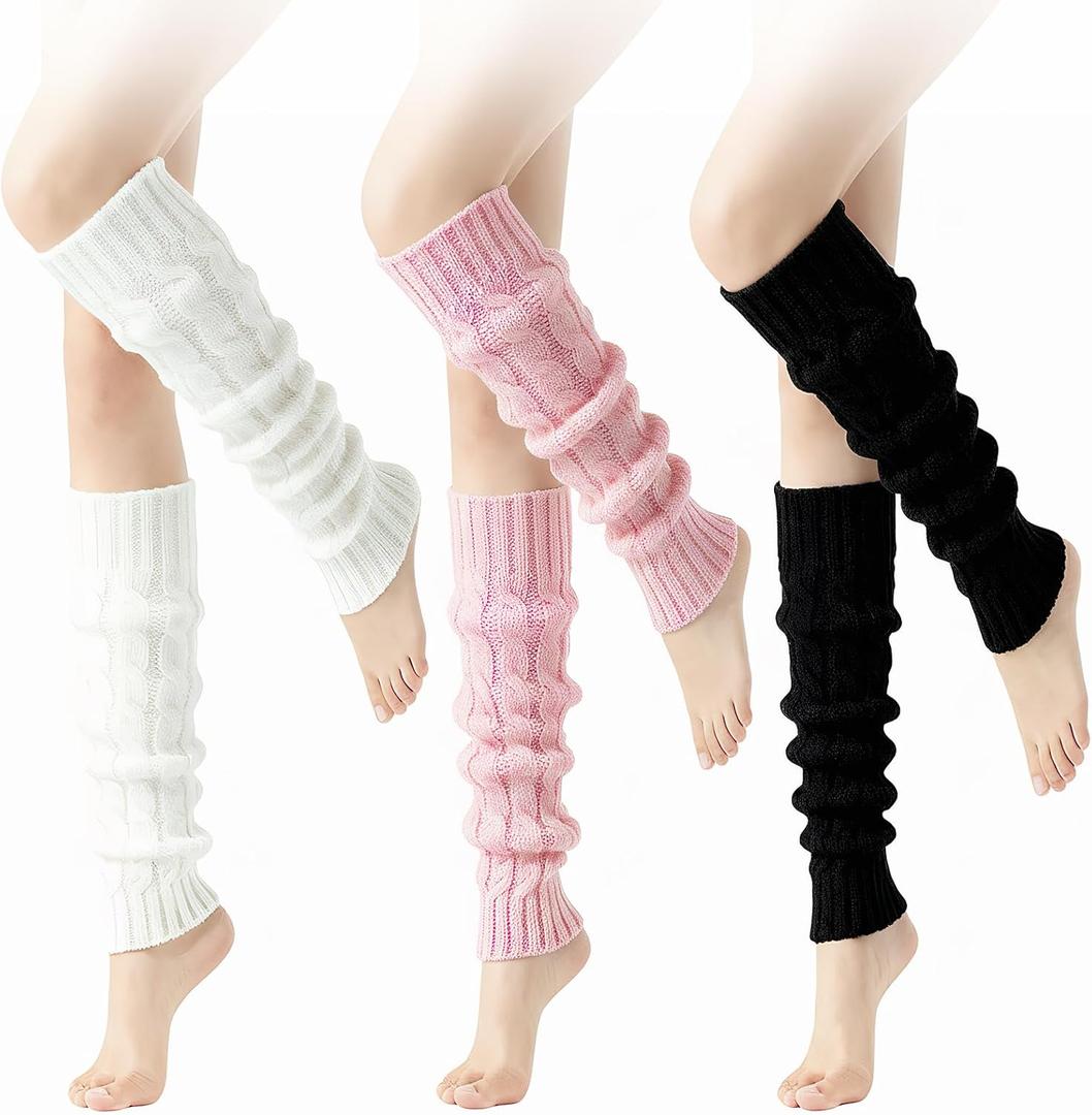Women Leg Warmers, 3 Pairs Fashion Cute Cable Knit Leg Warmers, Winter Warm Long Boot Socks (Black, White, Pink)