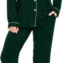 SWOMOG Womens Pajamas Set Long Sleeve Sleepwear Button Down Nightwear Soft Cotton Pj Lounge Sets (Large, Green)