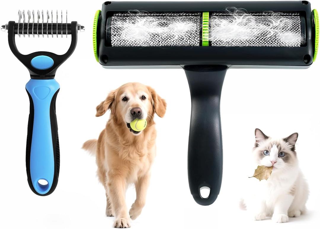 Pet Grooming Set-Pet Hair Remover Roller and Double Sided Undercoat Rake for Dogs & Cats, Lint Roller for Pet Hair, Deshedding Brush and Dematting Tool