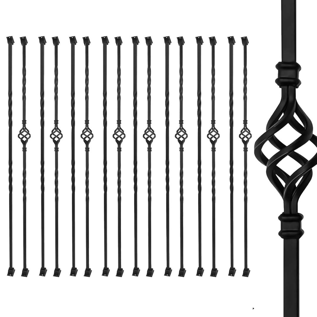 16 Pack Wrought Iron Stair Balusters 44" Hollow Single Basket & Double Twist Design, 1/2" Square Black Metal Spindles with 32 Swivel Shoes for Indoor/Outdoor Staircase Remodel