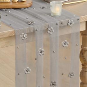 Artoid Mode Gray Flower Pearl Gray Gauze Table Runner 10FT, Seasonal Sheer Dining Holiday Wedding Birthday Baby Shower Table Decor for Home Party (28" x 120", Grey)