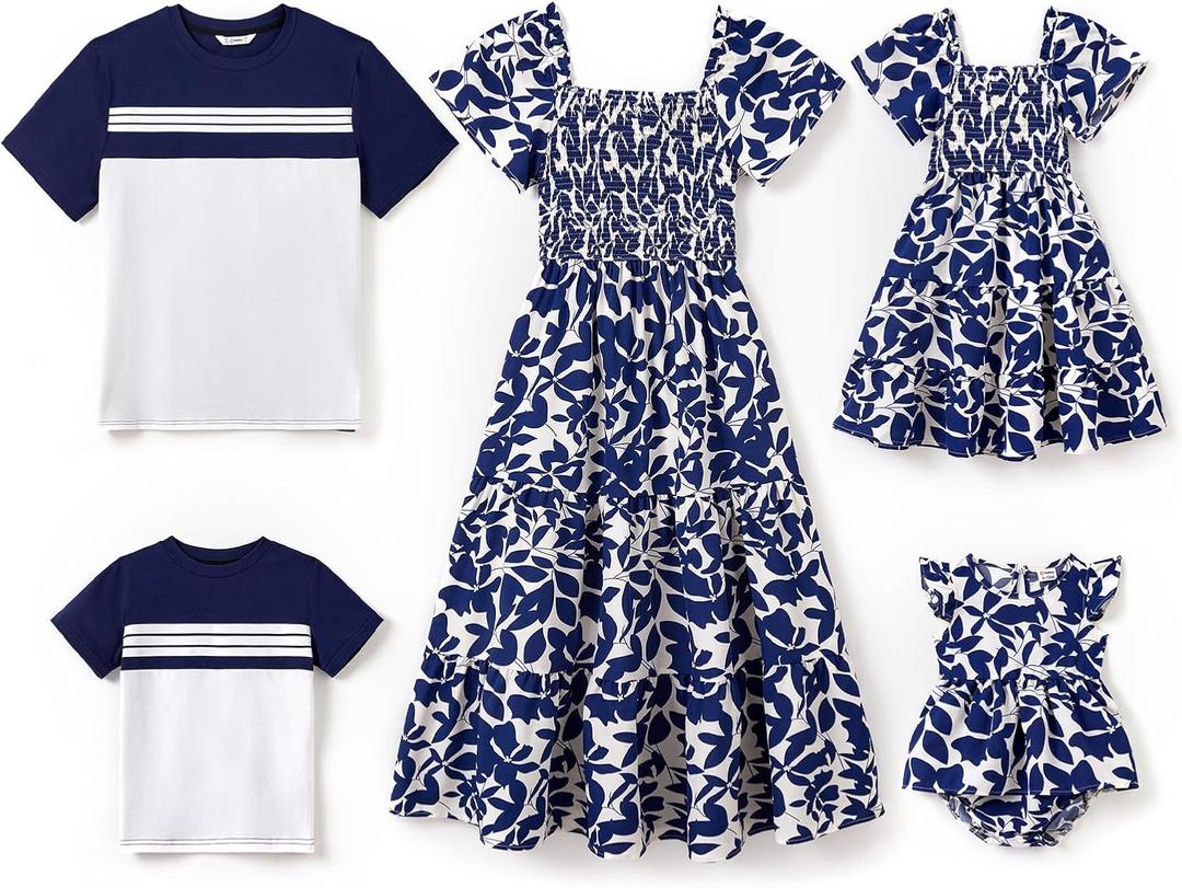 PATPAT Family Matching Outfits Boho Floral Print Square Neck Puff Sleeve Smocked Dress and Short Sleeve T-Shirts Matching Set (Small, Deep Blue)