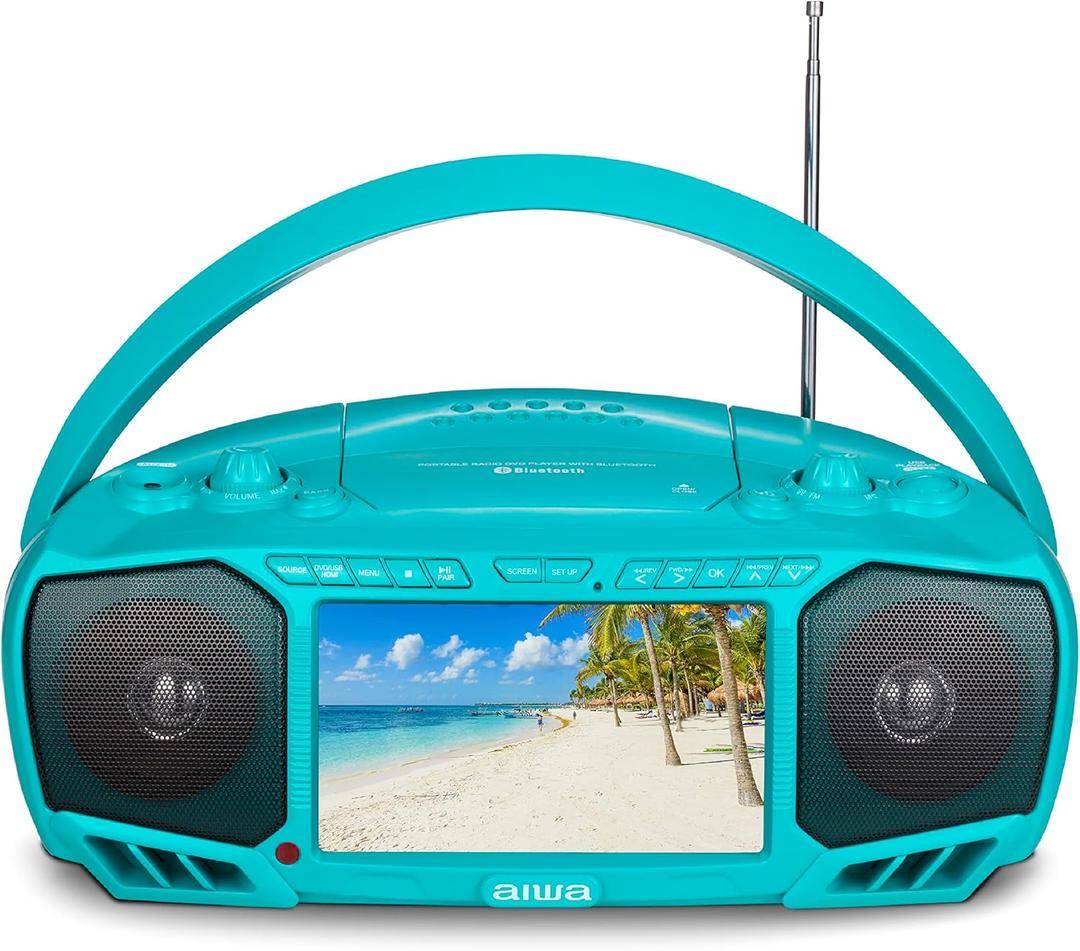 Aiwa Portable Boombox, Crystal Clear Sound with 3W x 2 Speakers and Bass Function, Featuring a 7" LCD Display, Bluetooth Connectivity, FM Radio, CD/DVD Player, Streaming on Roku and Amazon Firestick, Aqua Blue