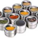 Beeyoka Magnetic Spice Jars,12 Pcs Stainless Steel Spice Tins with Lid and Small Holes for Sprinkle Rust Free Easy to Clean Includes 94 Labeling Stickers