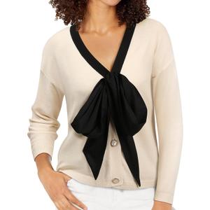 Women Bow Sweater Cute Tie Front Cropped Cardigan V Neck 7/8 Long Sleeve Fall Knit Top Elegant Holiday Party Office Wear (XXL)