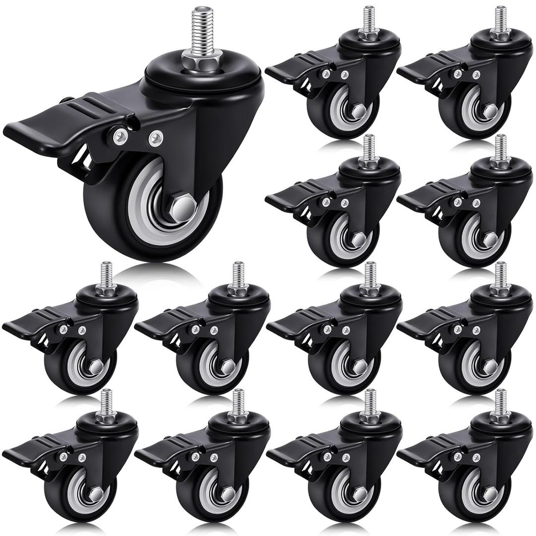 Set of 12 M8 Caster Wheels 2 Inch M8 x 15 mm Swivel Threaded Stem Caster Locking Standing Desk Wheels Heavy Duty 360 Polyurethane with Dual Brake, No Noise, 400 lb for Cart Desk Furniture