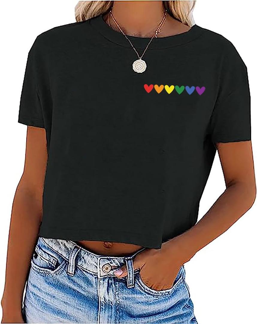 LGBT Crop T Shirt for Women Gay Pride Tshirt Cute Rainbow Hearts Graphic Tees Short Sleeve Lesbian Gay Shirt (XX-Large, Black)