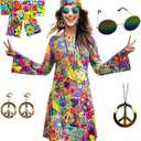 70s Hippie Dress Costumes Necklace Earrings Sunglass Women Disco Outfit, 60s Party Costume, Halloween Retro Dresses (Medium, Love and Peace)