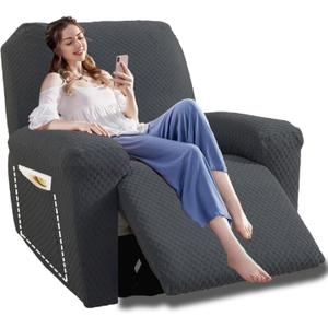 YEMYHOM 4 Pieces Oversized Stretch Recliner Slipcover Latest Jacquard Large Recliner Chair Cover with Side Pocket Anti-Slip Fitted Furniture Protector with Elastic Bottom (X-Large Recliner, Dark Gray)