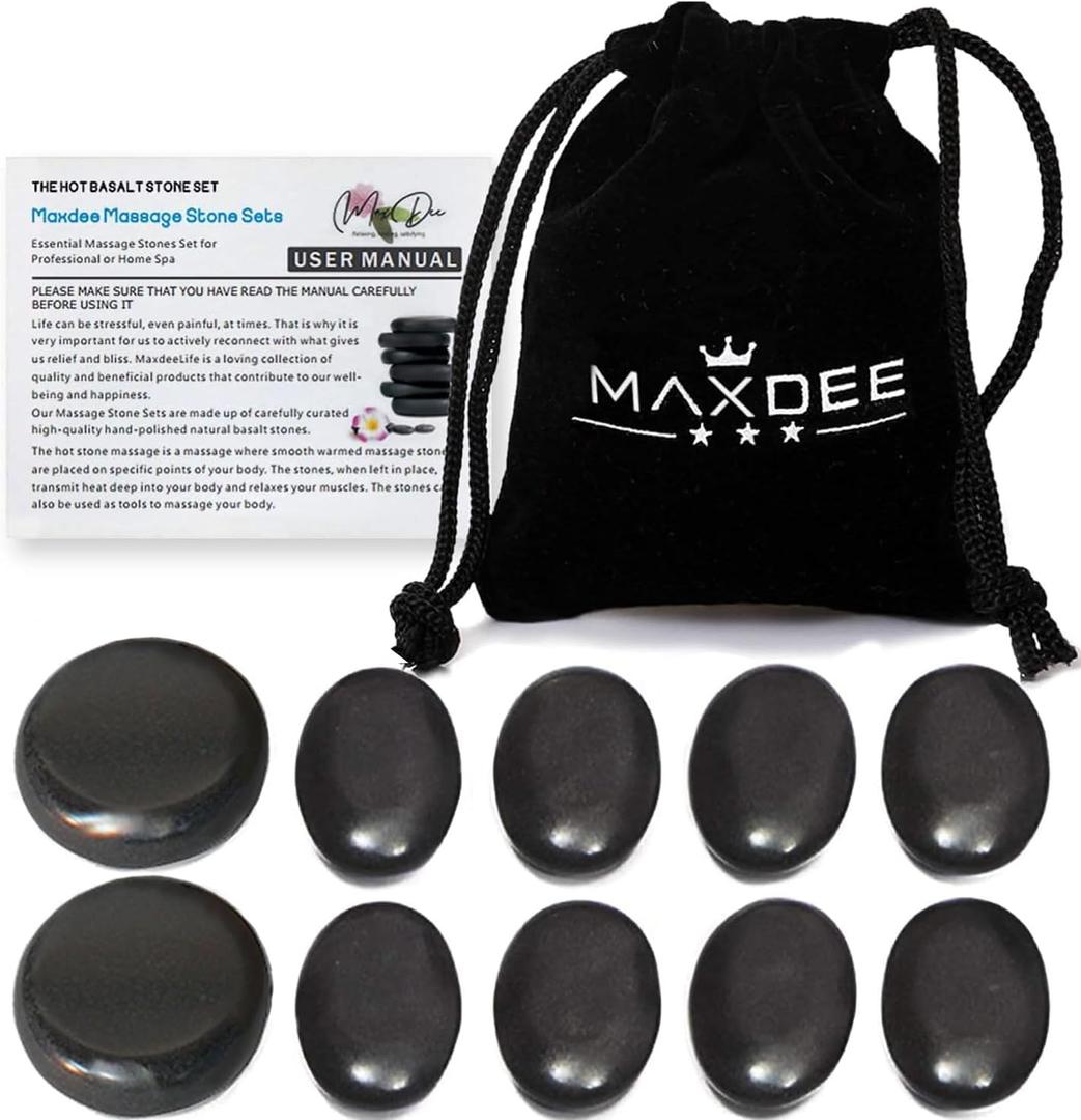 Maxdee Hot Stones Massage Set: 10 Small Hot Massage Stones for Professional or Home Spa Use, Ideal for Relaxation, Pain Relief, and Healing, 1.6" (8 PCS - 1.2 x 1.6 Inch + 2 PCS - 1.6 x 1.6 Inch, Black)