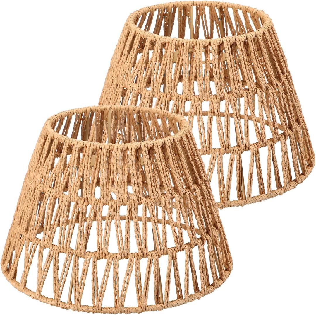 Large Lamp Shades Set of 2 Boho Rattan Shade Hand Woven Lampshade for Table Lamp Replacement Hand Crafted Farmhouse for Floor, Wall Sconce, 9.8 x 6.3 x 5.9 Inch