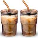 13oz/400ml Glass Water Tumbler with Straw and Lid Sealed Carry On Thick Wall Iced Coffee Cup Glass Cup for Water, Iced Tea Fruit Juice Etc (Amber-2PACK)