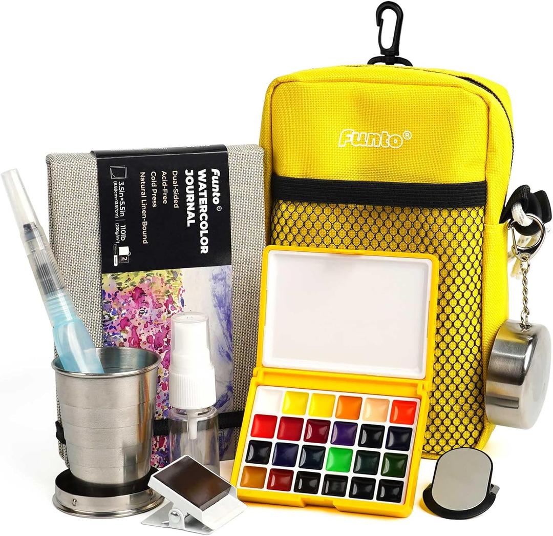 Funto Mini Watercolor Paint Set, All-in-One 24-Color Travel Paint Kit, with Crossbody Bag, Watercolor Journal, Paint Water Cup, Pocket Set for Artists