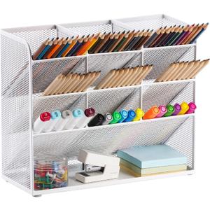 Marbrasse Mesh Desk Organizer, Multi-Functional Pen Holder, Pen Organizer for desk, Desktop Stationary Organizer, Storage Rack for School Home Office Art Supplies (White - Mesh Pen Holder)