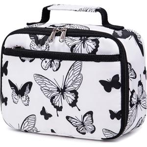 LEDAOU Lunch Bag Kids Insulated Lunch Box Girls Insulated Reusable Lunch Bag for School Picnic Hiking Work (Butterflies White)