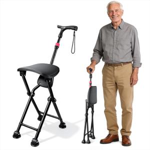 Four-Legged Cane with Seat, Unisex Cane with Seat Folding Lightweight, Adjustable Anti-Slip Cane Chair, Walking Cane with Seat Suitable for Men, Women, Adults and Seniors