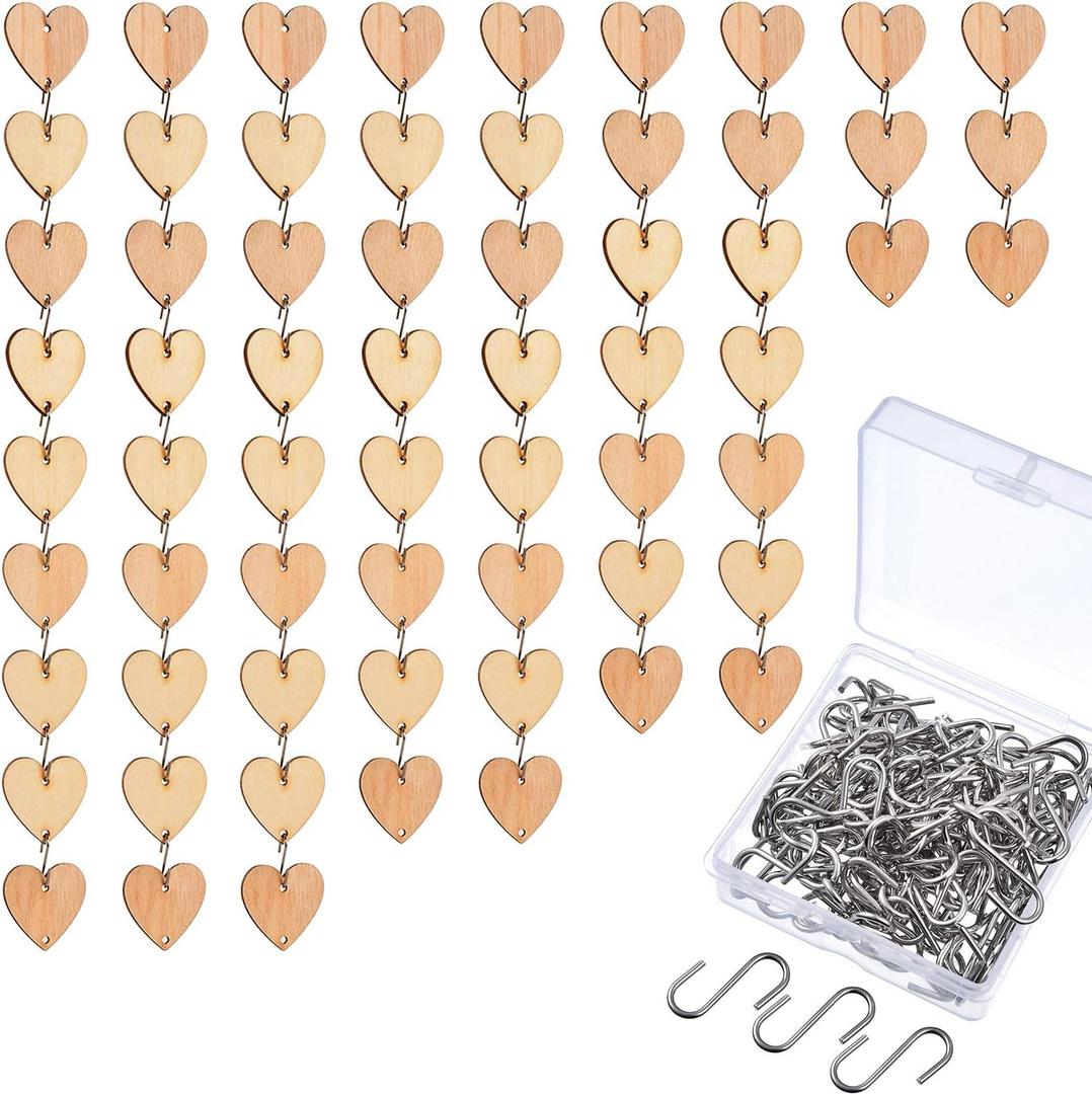 Hicarer 240 Pieces Wooden Circles 120 Pcs Heart Tags Wood Discs Wooden Heart Slices with Holes 120 Pcs S Hook Connectors for Wedding Birthday Chore Boards DIY Crafts