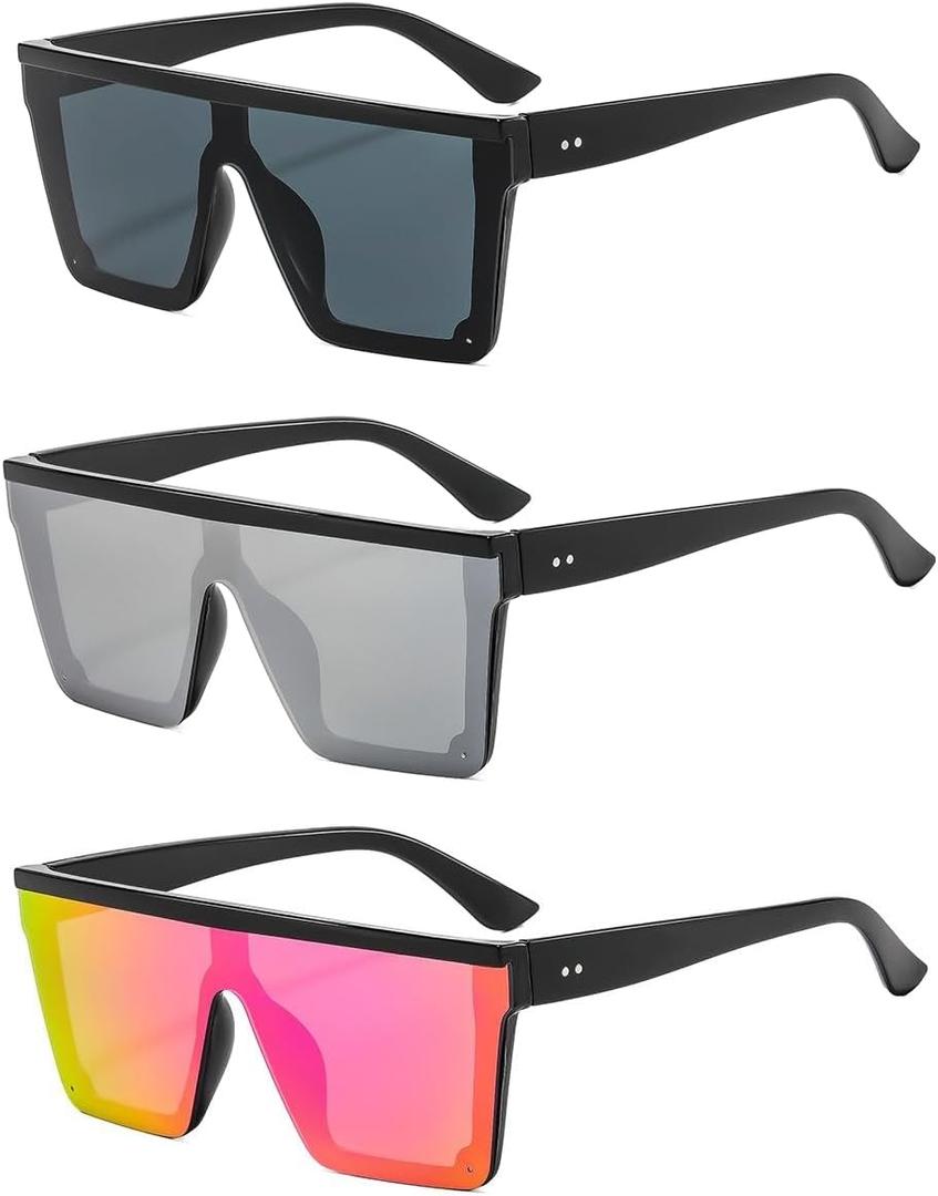 3 Pieces Square Oversized Sunglasses for Women Men Flat Top Large Black Frame Fashion Shades