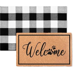 2-Piece Layered Welcome Mat Set - Coir Doormat & Buffalo Plaid Rug | Dog Paws Coir Doormat & Black White Buffalo Plaid Outdoor Rug, Non-Slip Farmhouse Entryway Front Porch Decor