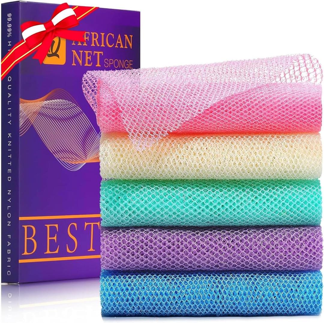 UJFQBH 5 Pieces African Bath Sponge African Net Long Net Bath Sponge Exfoliating Shower Body Scrubber Back Scrubber Skin Smoother,Great for Daily Use (Purple, Pink, Green, Blue, White)