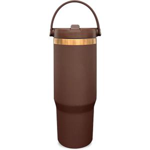 30 oz Tumbler with Handle and Straw, Vacuum Insulated Tumblers with Flip Straw and Top Handle, Leakproof Powder Coated Tumbler, Stainless Steel Travel Mug for Coffee Water (Browm, 1Pack) (Browm - Copper Plated)