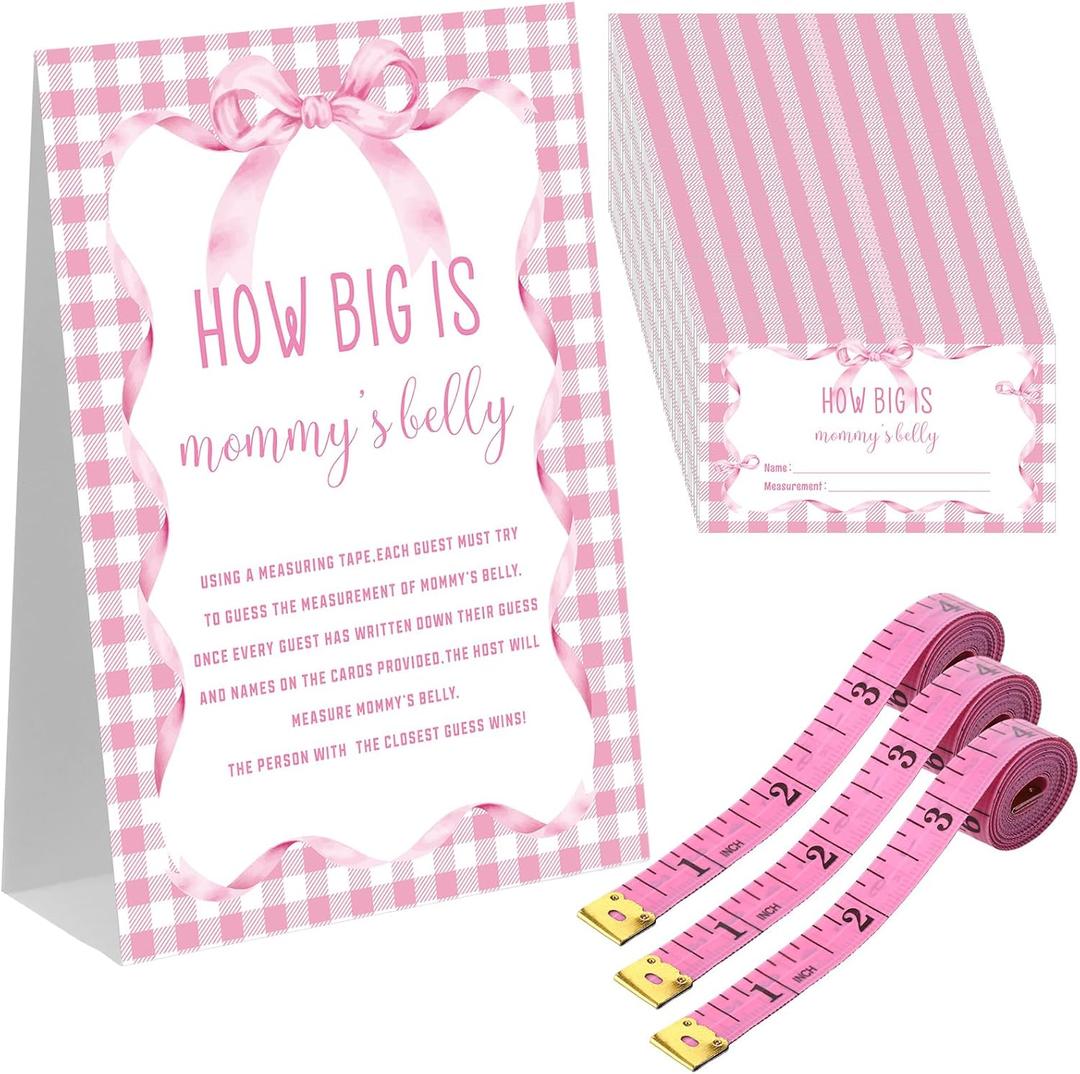 54 Pcs Cartoon Story Baby Shower Games Pink Bow Measure Belly Bump Party Games Include How Big Is Mommy's Belly Sign 50 Guessing Cards 3 Measuring Tapes for Baby Shower Party(Pink Bow)