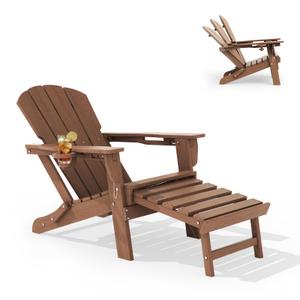 LOUNZY Folding Adjustable Adirondack Chair with Retractable Ottoman, HDPE Recliner Adirondack Chair with Cup Holder for Deck Lawn Fire Pit, Brown