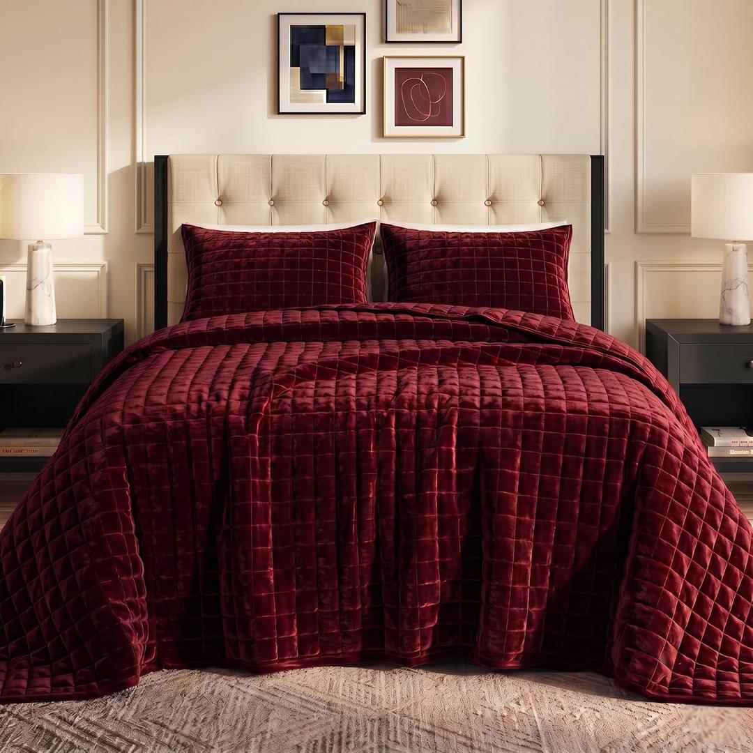 Tribeca Living Luxury Velvet Quilt Queen Size Set - 260GSM Ultra-Soft Oversized Velvet Bedspread Comforter Set with 2 Shams, in Florence Burgundy