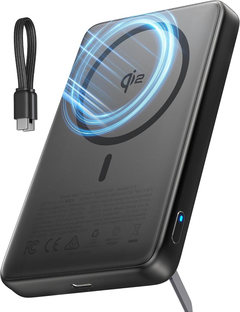INIU for Magsafe Power Bank, Ultra Slim 10000mAh 15W Magnetic Portable Charger, 45W Fast Charging with Built-in USB-C Cable, Battery Pack with Stand for iPhone Air 17 16 15 14 13 12 Only