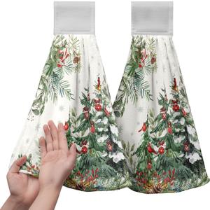 Christmas Tree Hanging Hand Towels Set of 2 Winter Cardinal Snow Xmas Pine Trees Kitchen Towels with Hanging Loop Nature Forest Dish Towel Soft Absorbent Bath Tie Towel for Bathroom Farmhouse Decor