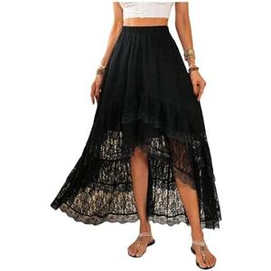 SHENHE Women's Boho Maxi Skirt High Low Asymmetrical Lace Ruffle Hem Flowy Western Skirt, Small